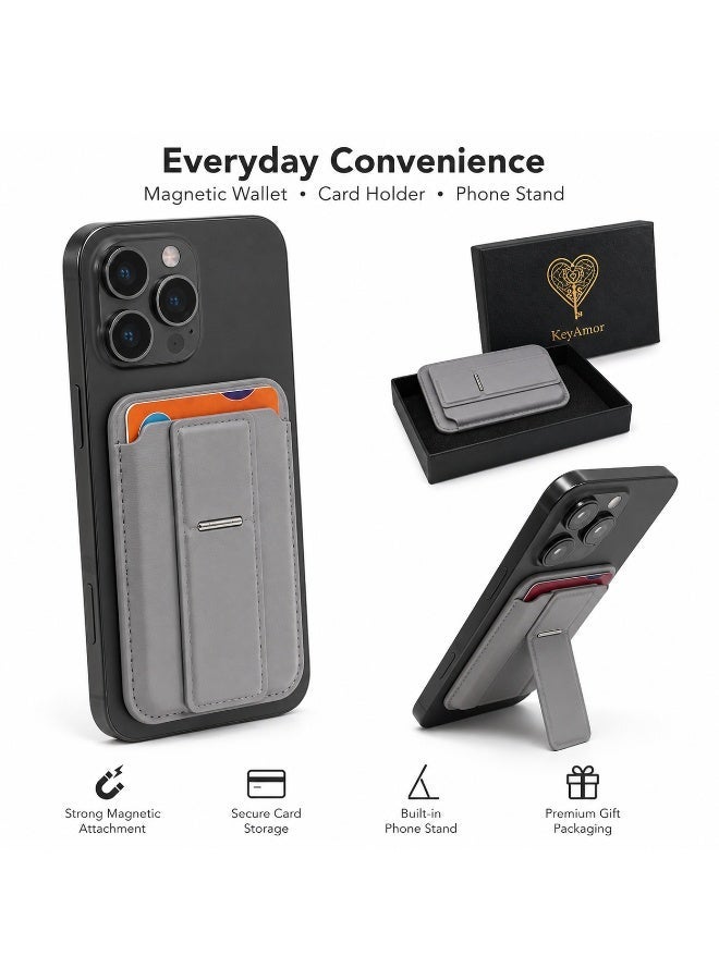 KeyAmor MagSafe-Compatible Magnetic Phone Wallet and Card Holder with Stand - Grey Leather, RFID Blocking, Holds 5 Cards, for iPhone 12-16 Series - Image 2