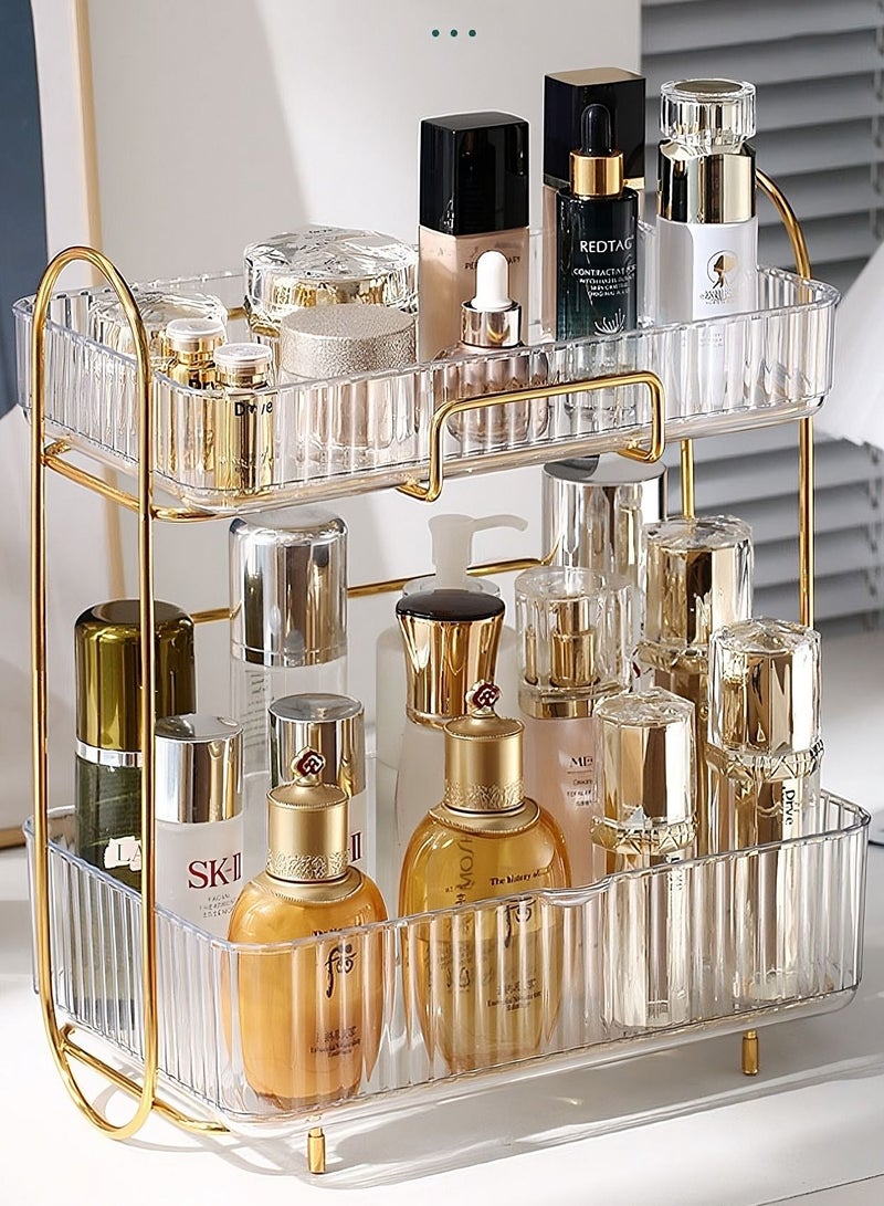 اوقورا منظم مستحضرات التجميل للمكياج وحدة تخزين صندوق الحمام لمنتجات العناية بالبشرة حامل طبقتين للمكتب حامل رف التخزين لغرفة النوم صناديق عرض مستحضرات التجميل مع درج طبقتين شفافة عنبرية. - Image 1