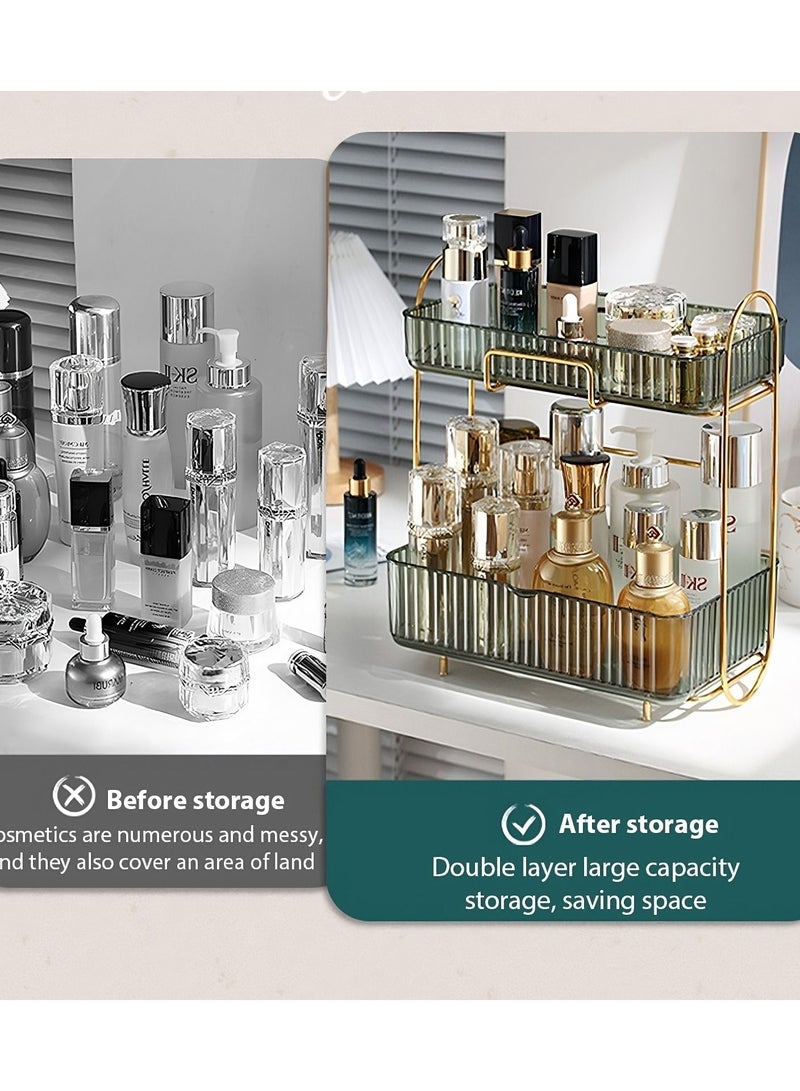 اوقورا منظم مستحضرات التجميل للمكياج وحدة تخزين صندوق الحمام لمنتجات العناية بالبشرة حامل طبقتين للمكتب حامل رف التخزين لغرفة النوم صناديق عرض مستحضرات التجميل مع درج طبقتين شفافة عنبرية. - Image 5