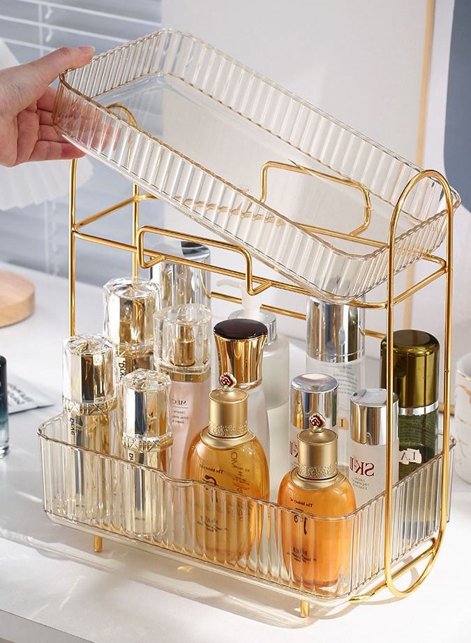 اوقورا منظم مستحضرات التجميل للمكياج وحدة تخزين صندوق الحمام لمنتجات العناية بالبشرة حامل طبقتين للمكتب حامل رف التخزين لغرفة النوم صناديق عرض مستحضرات التجميل مع درج طبقتين شفافة عنبرية. - Image 4