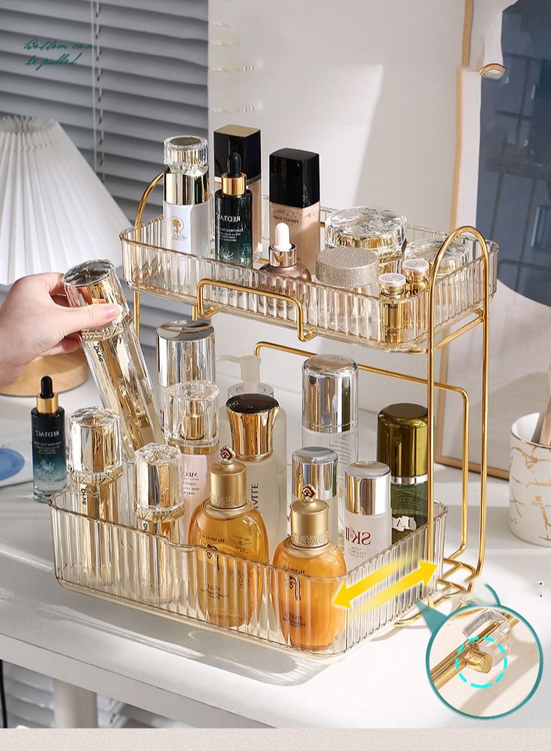 اوقورا منظم مستحضرات التجميل للمكياج وحدة تخزين صندوق الحمام لمنتجات العناية بالبشرة حامل طبقتين للمكتب حامل رف التخزين لغرفة النوم صناديق عرض مستحضرات التجميل مع درج طبقتين شفافة عنبرية. - Image 3