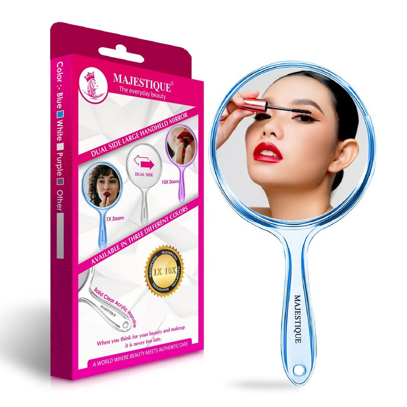 MAJESTIQUE MAJESTIQUE Large Handheld Mirror 1X10X Round Magnifying Compact Mirror Dual Side Perfect for Shaving Makeup Tweezing or Shaping Eyebrows Pack of 1Blue  - Image 1