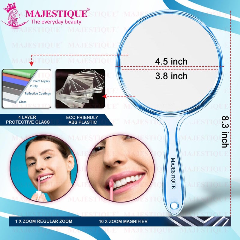 MAJESTIQUE MAJESTIQUE Large Handheld Mirror 1X10X Round Magnifying Compact Mirror Dual Side Perfect for Shaving Makeup Tweezing or Shaping Eyebrows Pack of 1Blue  - Image 2
