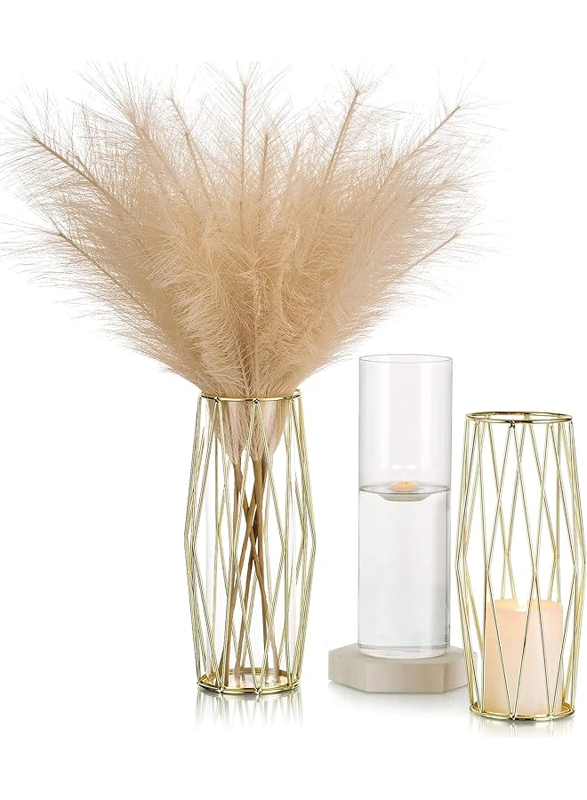 The Bros Gold Modern Flower Vase for Centerpieces - Hewory 11Inch Glass Vase with Metal Stand, Wide Big Tall Geometric Vase for Flowers, Flower Holder for Wedding Home Decor - Image 1