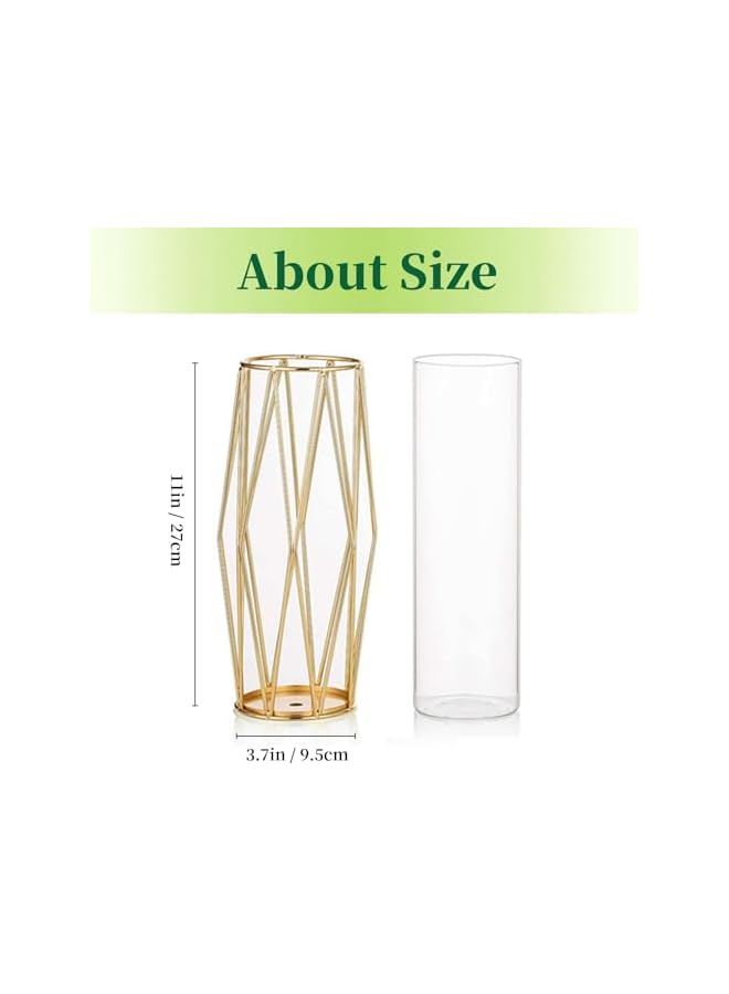The Bros Gold Modern Flower Vase for Centerpieces - Hewory 11Inch Glass Vase with Metal Stand, Wide Big Tall Geometric Vase for Flowers, Flower Holder for Wedding Home Decor - Image 3