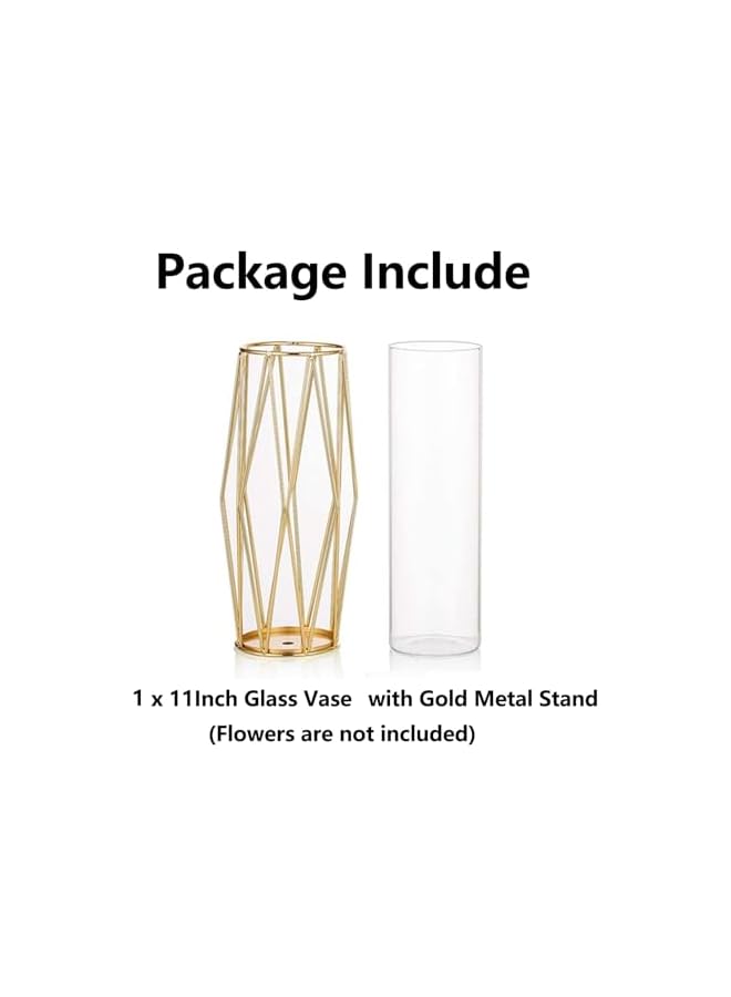 The Bros Gold Modern Flower Vase for Centerpieces - Hewory 11Inch Glass Vase with Metal Stand, Wide Big Tall Geometric Vase for Flowers, Flower Holder for Wedding Home Decor - Image 4