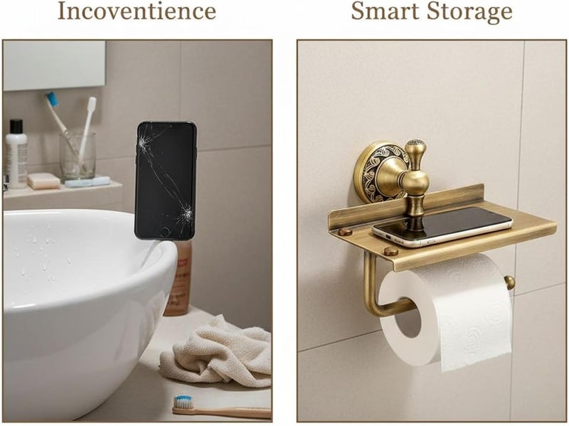 Brass Toilet Paper Holder with Phone Shelf, Wall Mounted Antique Style Bathroom Tissue Roll Dispenser, Antique Bronze, Pattern Carving, 8.7 X 6.7 X 5.9 in - Image 4