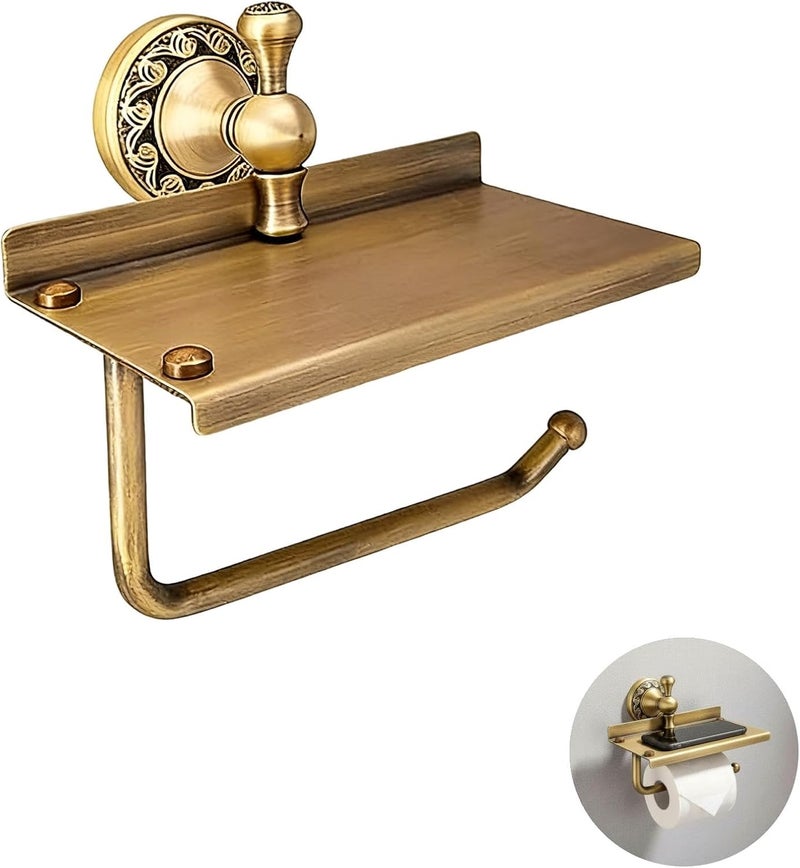 Brass Toilet Paper Holder with Phone Shelf, Wall Mounted Antique Style Bathroom Tissue Roll Dispenser, Antique Bronze, Pattern Carving, 8.7 X 6.7 X 5.9 in - Image 2