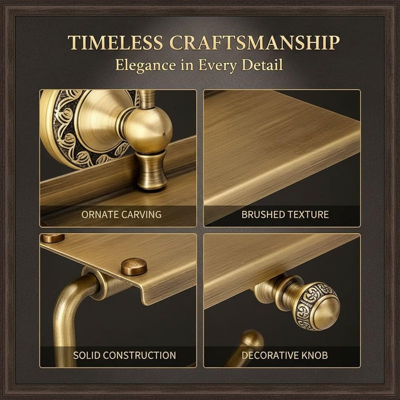 Brass Toilet Paper Holder with Phone Shelf, Wall Mounted Antique Style Bathroom Tissue Roll Dispenser, Antique Bronze, Pattern Carving, 8.7 X 6.7 X 5.9 in - Image 5