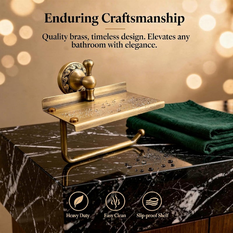 Brass Toilet Paper Holder with Phone Shelf, Wall Mounted Antique Style Bathroom Tissue Roll Dispenser, Antique Bronze, Pattern Carving, 8.7 X 6.7 X 5.9 in - Image 3