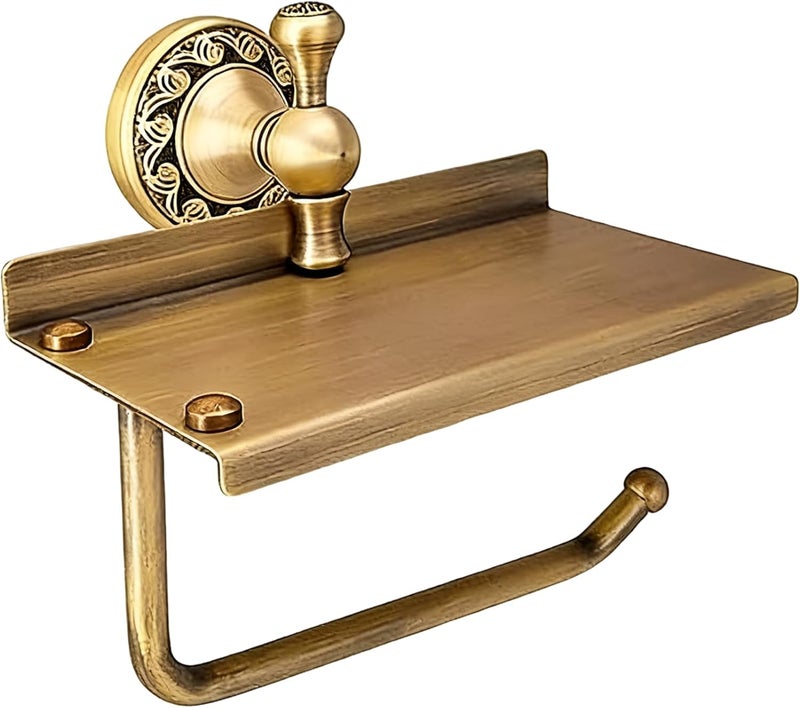Brass Toilet Paper Holder with Phone Shelf, Wall Mounted Antique Style Bathroom Tissue Roll Dispenser, Antique Bronze, Pattern Carving, 8.7 X 6.7 X 5.9 in - Image 1