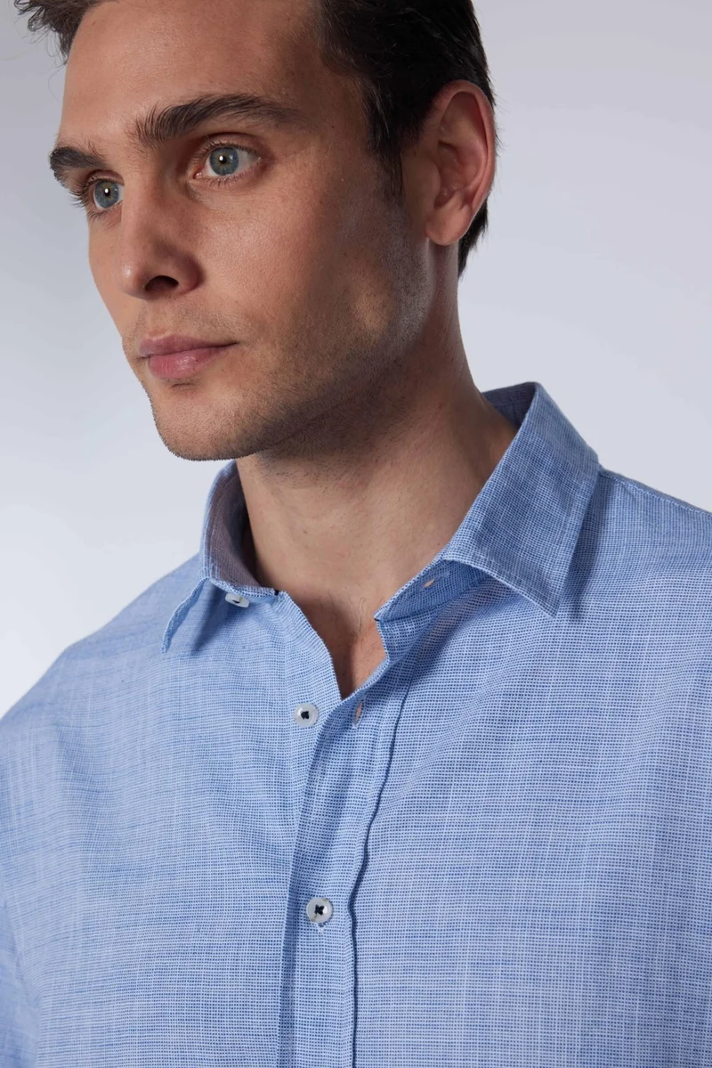 Tudors Relax Fit Long Sleeve Casual Cut Linen Texture Plain Summer Navy Blue Men's Shirt