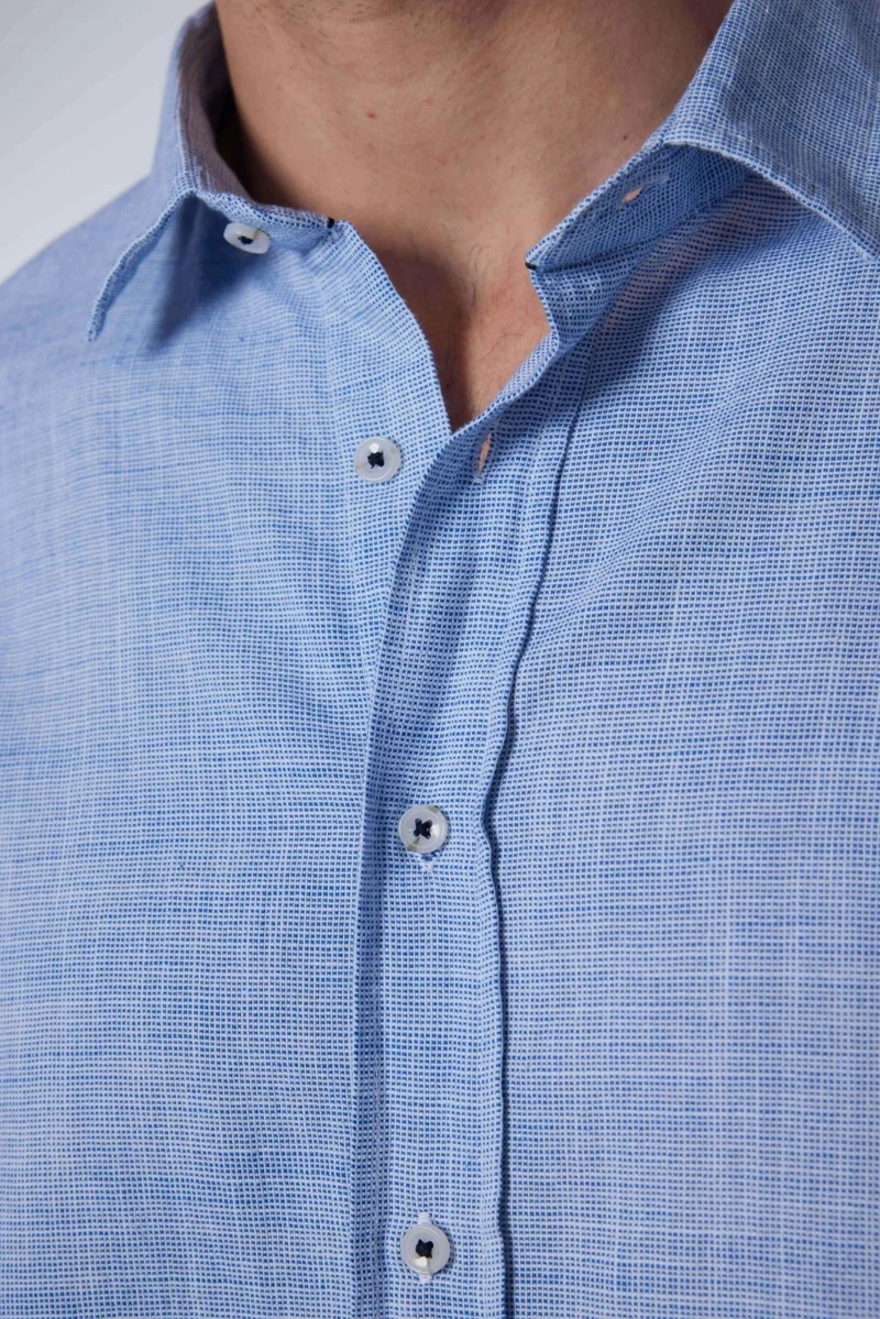 Tudors Relax Fit Long Sleeve Casual Cut Linen Texture Plain Summer Navy Blue Men's Shirt