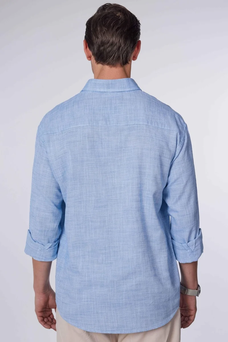 Tudors Relax Fit Long Sleeve Casual Cut Linen Texture Plain Summer Navy Blue Men's Shirt