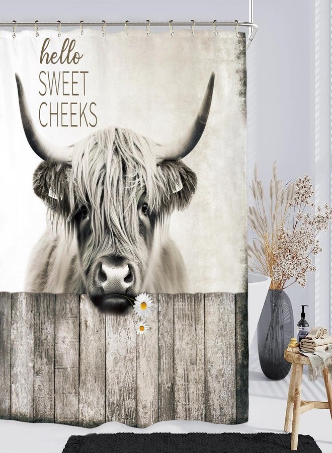 Miyotaa Highland Cow Bull Shower Curtain Set 60Wx71H Inches Sweet Cheeks Funny Farmhouse Western Rustic Farm Country Animal Polyester Waterproof Cloth Bathroom Curtain with 12 Hooks - Image 1