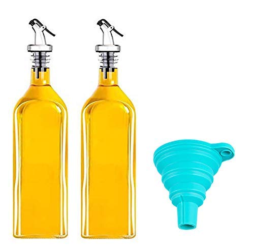 LARYNX Glass Oil Dispenser Bottle 1000 ml Pack of 2 Crystal Clear with 1 Silicone Rubber Funnel