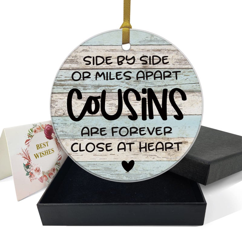 REWIDPARTY Best Gifts for Cousin Christmas Ornament Keepsake Sign Round Plaque Graduation Gifts for Cousin Birthday Thanksgiving Ornament 3"" Circle Ceramic Ornament with Gold Ribbon & Gift Box - Image 1