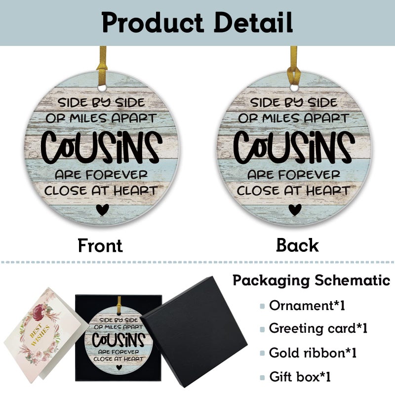 REWIDPARTY Best Gifts for Cousin Christmas Ornament Keepsake Sign Round Plaque Graduation Gifts for Cousin Birthday Thanksgiving Ornament 3"" Circle Ceramic Ornament with Gold Ribbon & Gift Box - Image 2