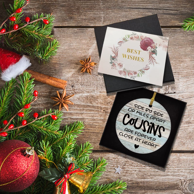REWIDPARTY Best Gifts for Cousin Christmas Ornament Keepsake Sign Round Plaque Graduation Gifts for Cousin Birthday Thanksgiving Ornament 3"" Circle Ceramic Ornament with Gold Ribbon & Gift Box - Image 5