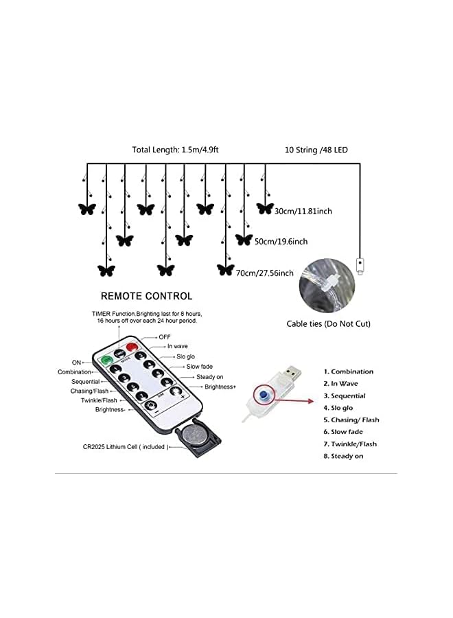 The Bros Decorative Lights, Butterfly Curtain Lights, Window Fairy Light, 48LED Twinkle String Light with Remote, 4.9FT USB Powered, for Bedroom, Party, Wedding, Holiday, 8 Modes (Warm White) - Image 3