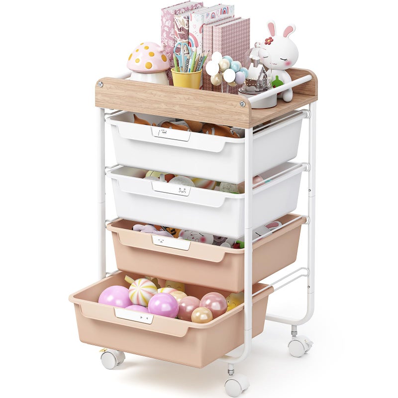 SYKIARIOL Rolling Storage Utility Cart With 4 Drawers,Kids Craft Art Cart,Makeup Organizer And Storage with Wooden Tabletop,Pearl - Image 1