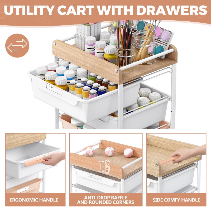 SYKIARIOL Rolling Storage Utility Cart With 4 Drawers,Kids Craft Art Cart,Makeup Organizer And Storage with Wooden Tabletop,Pearl - Image 3