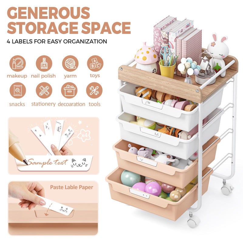 SYKIARIOL Rolling Storage Utility Cart With 4 Drawers,Kids Craft Art Cart,Makeup Organizer And Storage with Wooden Tabletop,Pearl - Image 2