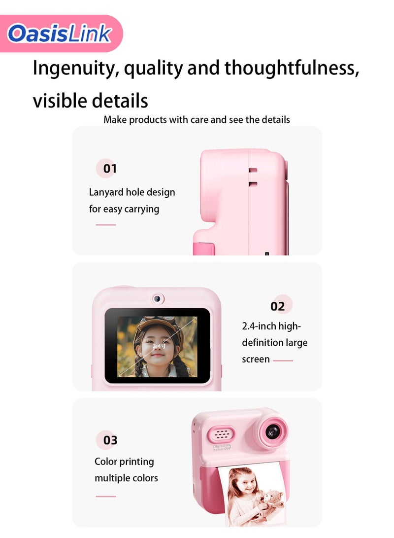 OasisLink Children's instant color printing camera, suitable for children's instant color printing camera, 1080P HD selfie digital camera, includes (3 rolls of white paper, 4 rolls of colored paper, 64G card, camera lanyard, charging cable) suitable for children as a birthday gift (pink) (64GB) - Image 4