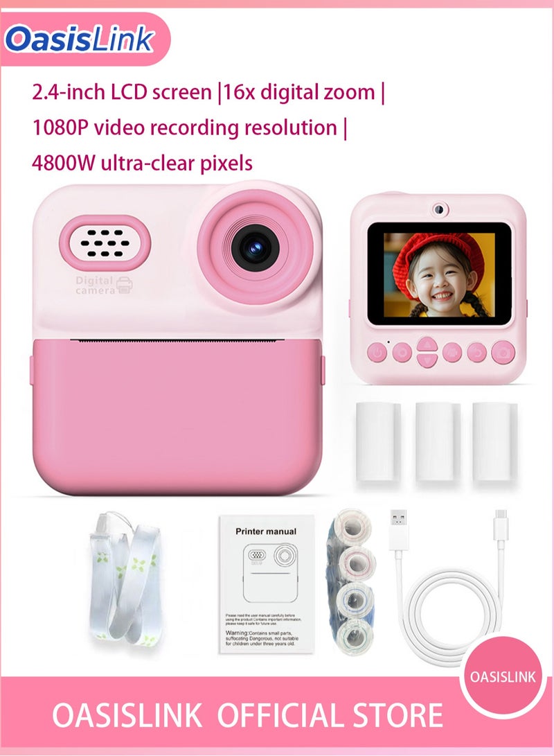 OasisLink Children's instant color printing camera, suitable for children's instant color printing camera, 1080P HD selfie digital camera, includes (3 rolls of white paper, 4 rolls of colored paper, 64G card, camera lanyard, charging cable) suitable for children as a birthday gift (pink) (64GB) - Image 1