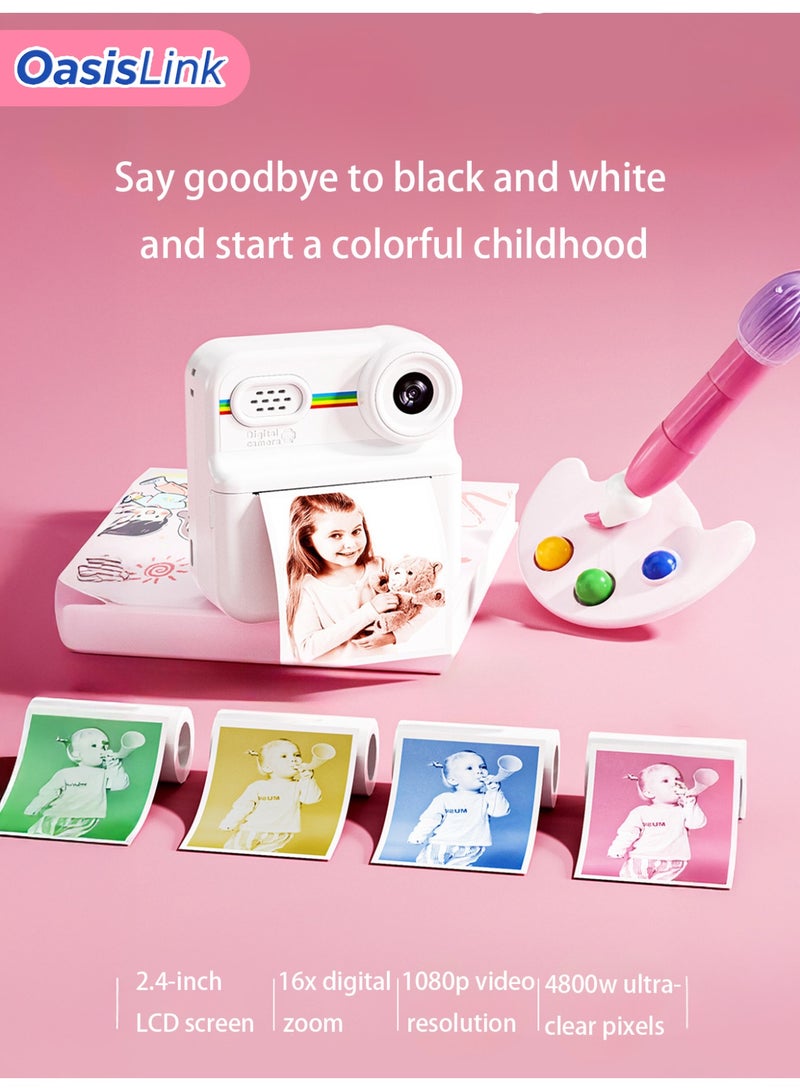 OasisLink Children's instant color printing camera, suitable for children's instant color printing camera, 1080P HD selfie digital camera, includes (3 rolls of white paper, 4 rolls of colored paper, 64G card, camera lanyard, charging cable) suitable for children as a birthday gift (pink) (64GB) - Image 2