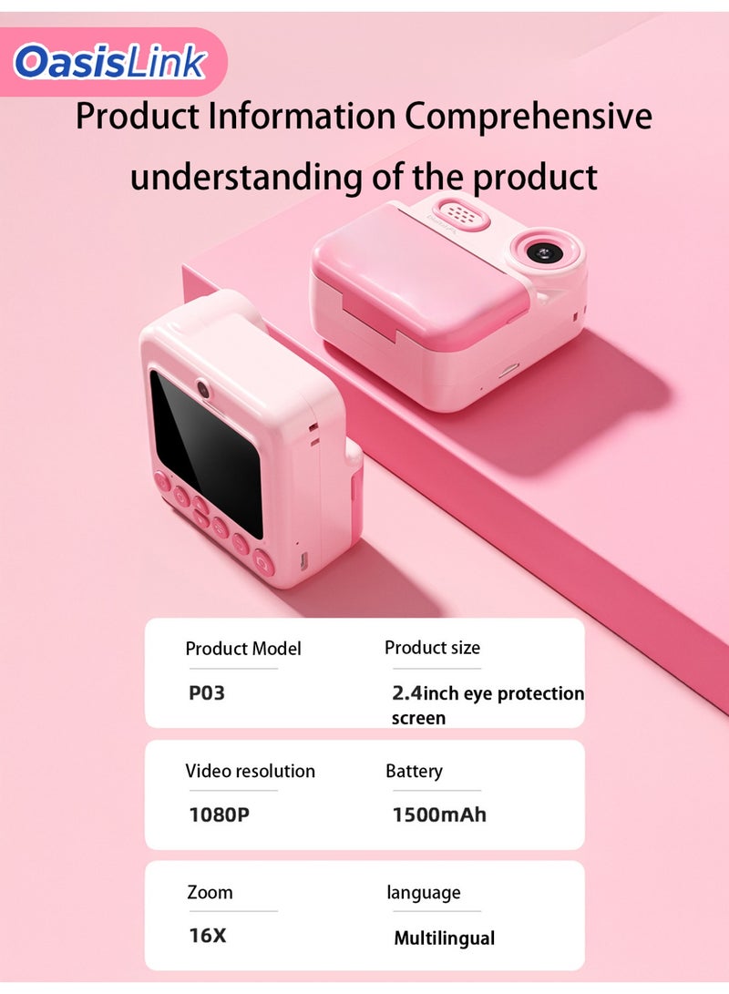 OasisLink Children's instant color printing camera, suitable for children's instant color printing camera, 1080P HD selfie digital camera, includes (3 rolls of white paper, 4 rolls of colored paper, 64G card, camera lanyard, charging cable) suitable for children as a birthday gift (pink) (64GB) - Image 5