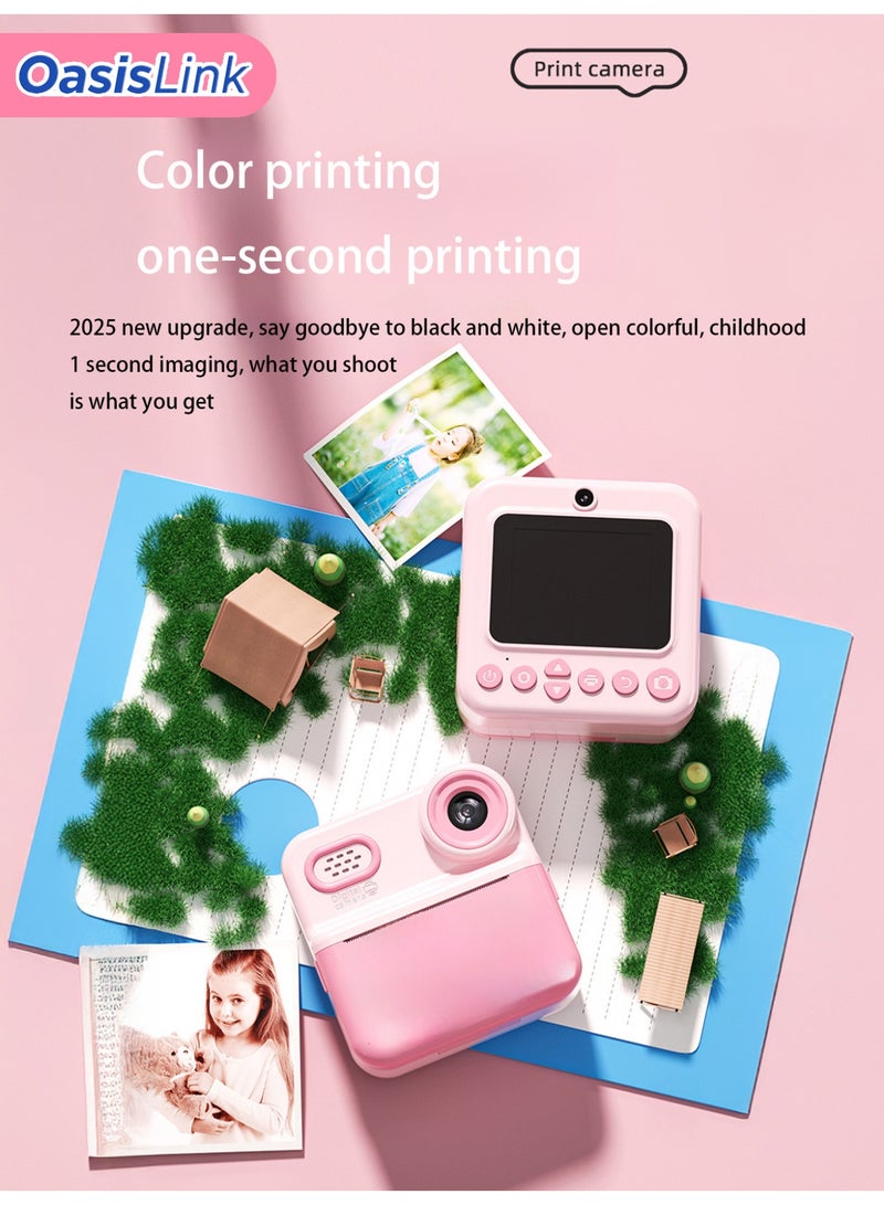 OasisLink Children's instant color printing camera, suitable for children's instant color printing camera, 1080P HD selfie digital camera, includes (3 rolls of white paper, 4 rolls of colored paper, 64G card, camera lanyard, charging cable) suitable for children as a birthday gift (pink) (64GB) - Image 3