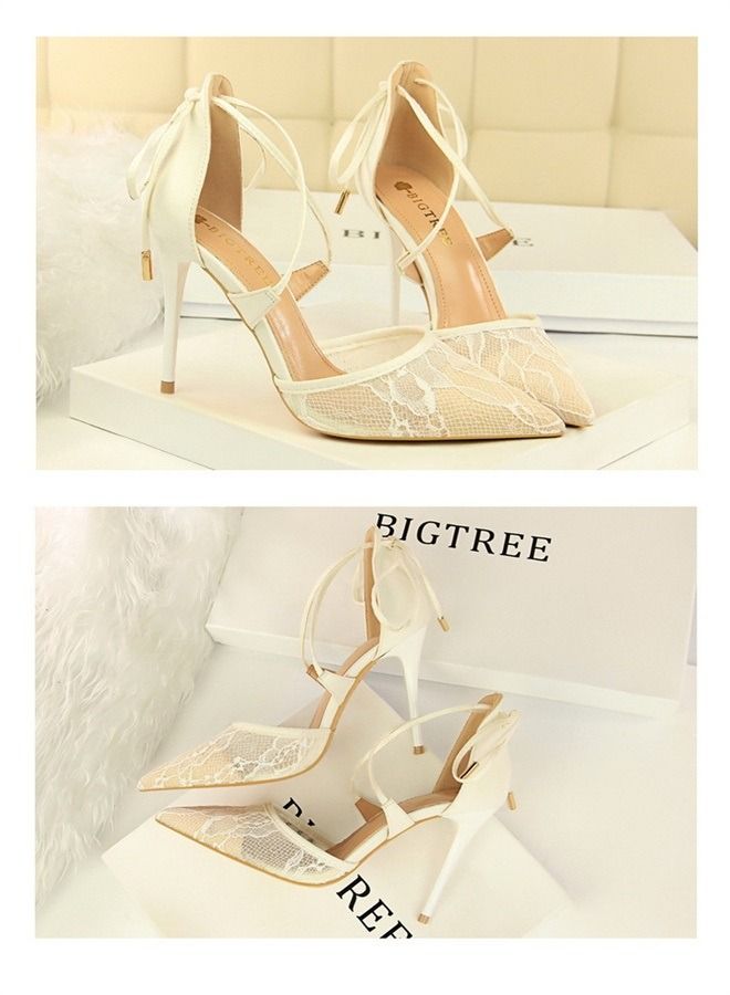 BIGTREE Pointed Mesh Lace Cross-Cut High-Heeled Sandals 10CM White  - Image 2