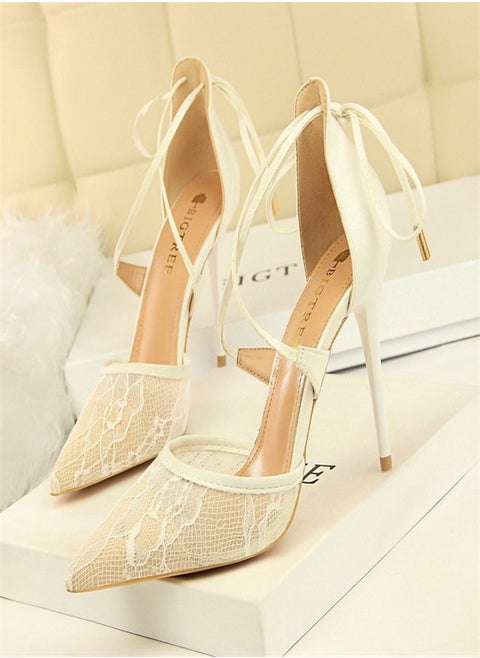 Pointed Mesh Lace Cross-Cut High-Heeled Sandals 10CM White