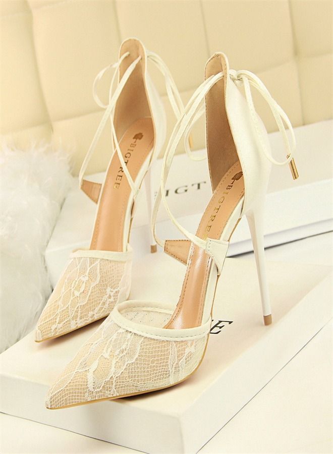 BIGTREE Pointed Mesh Lace Cross-Cut High-Heeled Sandals 10CM White  - Image 1