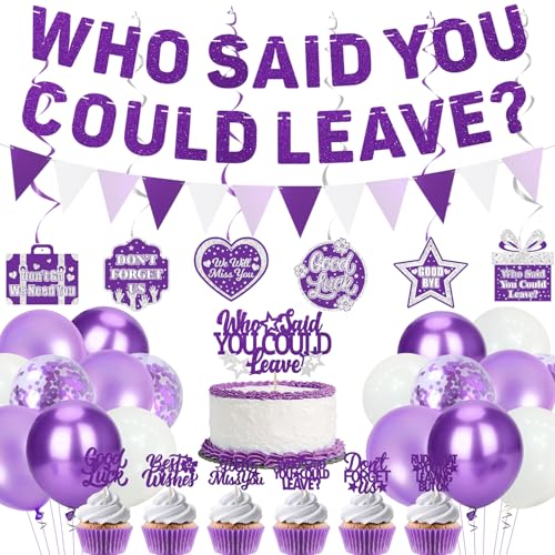 Roetyce Farewell Party Decorations Purple Silver Who Said You Could Leave Banner Cake Toppers Balloons Hanging Swirls Going Away Retirement Leaving Party Decorations Coworker Goodbye Party Supplies - Image 1