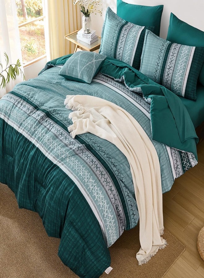 Dintszyayue Teal Queen Comforter Size Set, 7 Pieces Striped Texture Bed in a Bag Bedding Sets, Lightweight Soft Comforter and Sheet Set, All Season Microfiber Teen Boys Bedding Sets for Men Women - Image 3