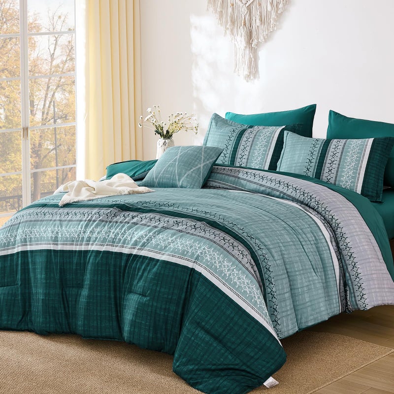 Dintszyayue Teal Queen Comforter Size Set, 7 Pieces Striped Texture Bed in a Bag Bedding Sets, Lightweight Soft Comforter and Sheet Set, All Season Microfiber Teen Boys Bedding Sets for Men Women - Image 1