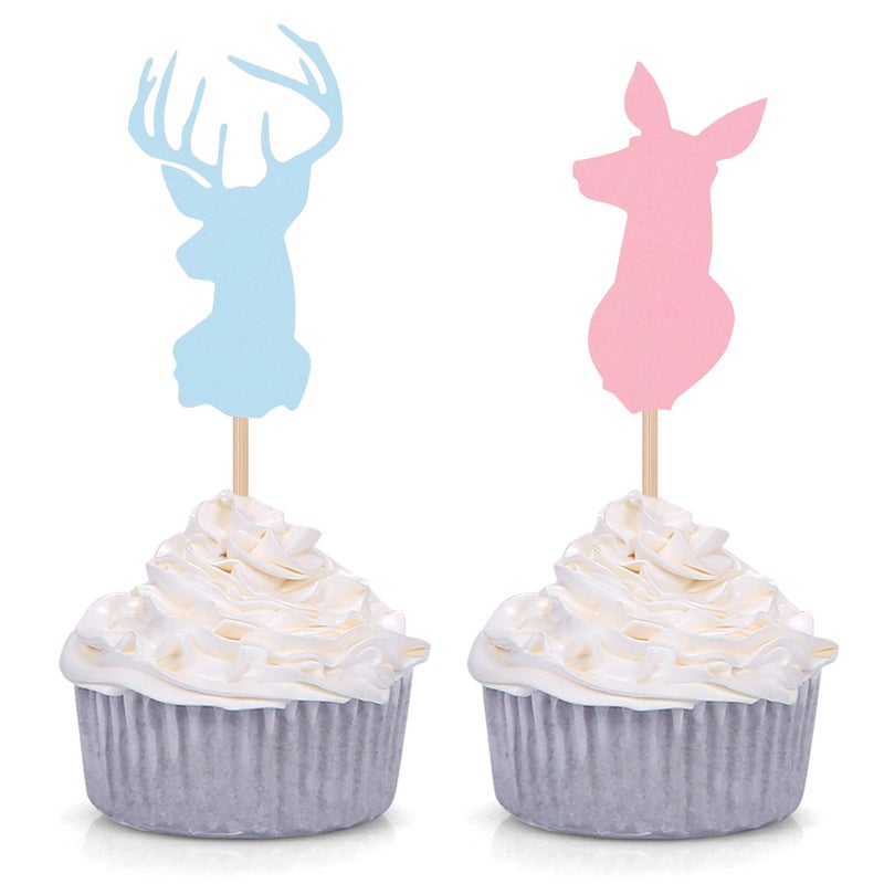 Giuffi 24 Counts Buck or Doe Cupcake Toppers for Baby Shower Party Supplies Reeindeer Antler Boy or Girl Pink or Blue Gender Reveal Decorations Picks - Image 3