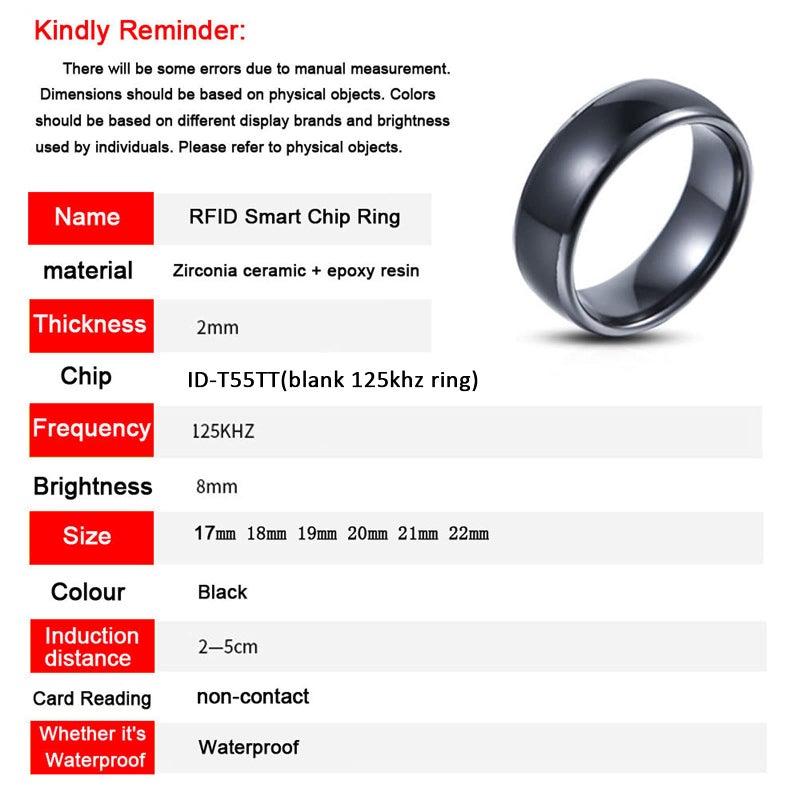 hecere T5577 or UID chip RFID Black Ceramics Smart Finger rewrite Ring 125KHZ/13.56MHZ Wear for Men or Women (T5577 125KHZ-19MM) - Image 2