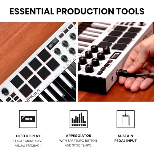 Akai Professional MPK mini MK3 – 25 Key USB MIDI Keyboard Controller With 8 Backlit Drum Pads, 8 Knobs and Music Production Software included (White) - Image 5