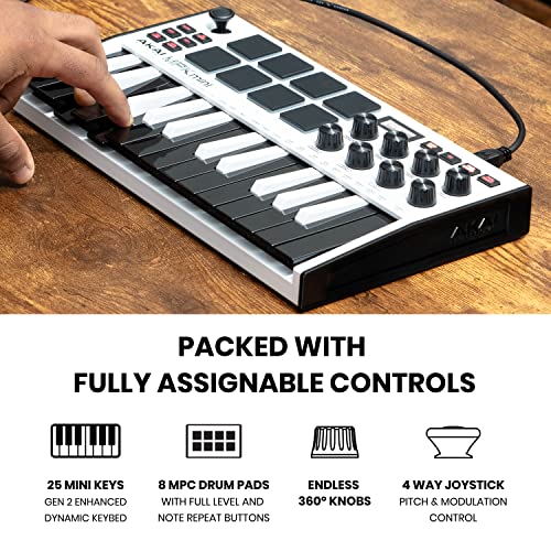 Akai Professional MPK mini MK3 – 25 Key USB MIDI Keyboard Controller With 8 Backlit Drum Pads, 8 Knobs and Music Production Software included (White) - Image 3
