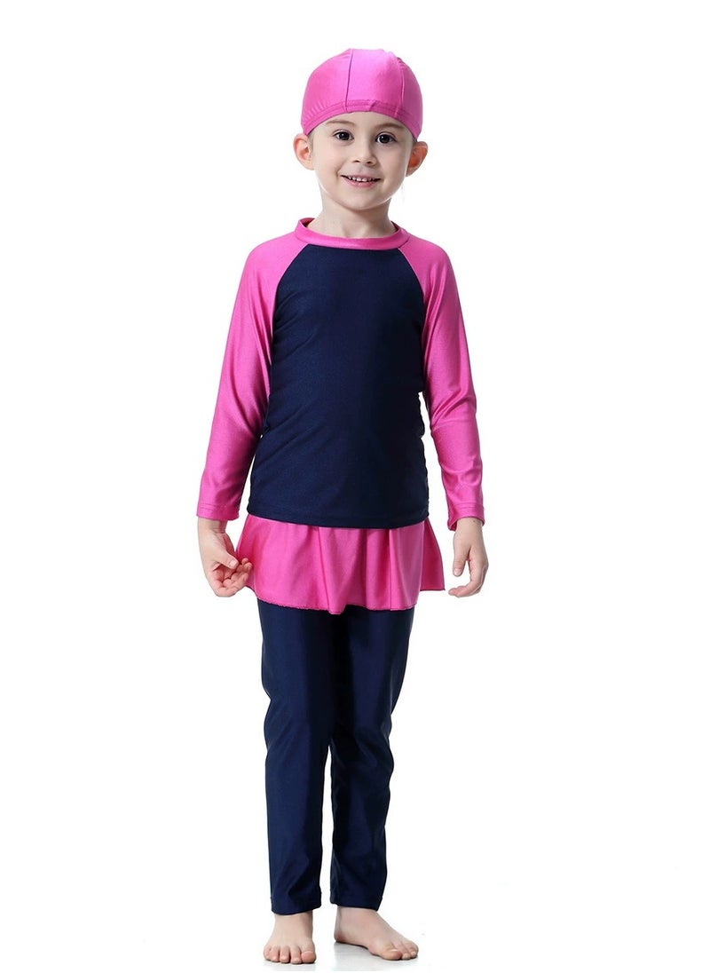 Loquat - 3-Piece Girls Fast Dry Round Neck Split Muslim Conservative Islamic Swimsuit Swimwear With Cap Swimwear Set Blue/Pink - Image 1