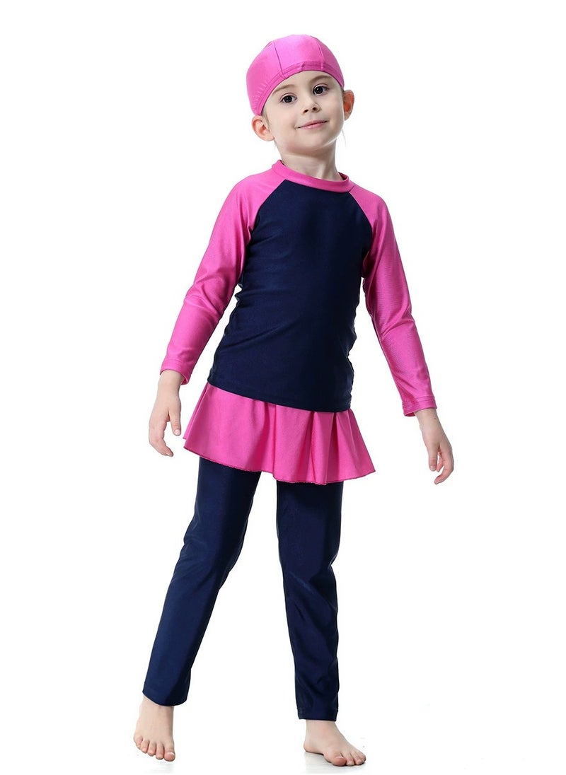 Loquat - 3-Piece Girls Fast Dry Round Neck Split Muslim Conservative Islamic Swimsuit Swimwear With Cap Swimwear Set Blue/Pink - Image 1