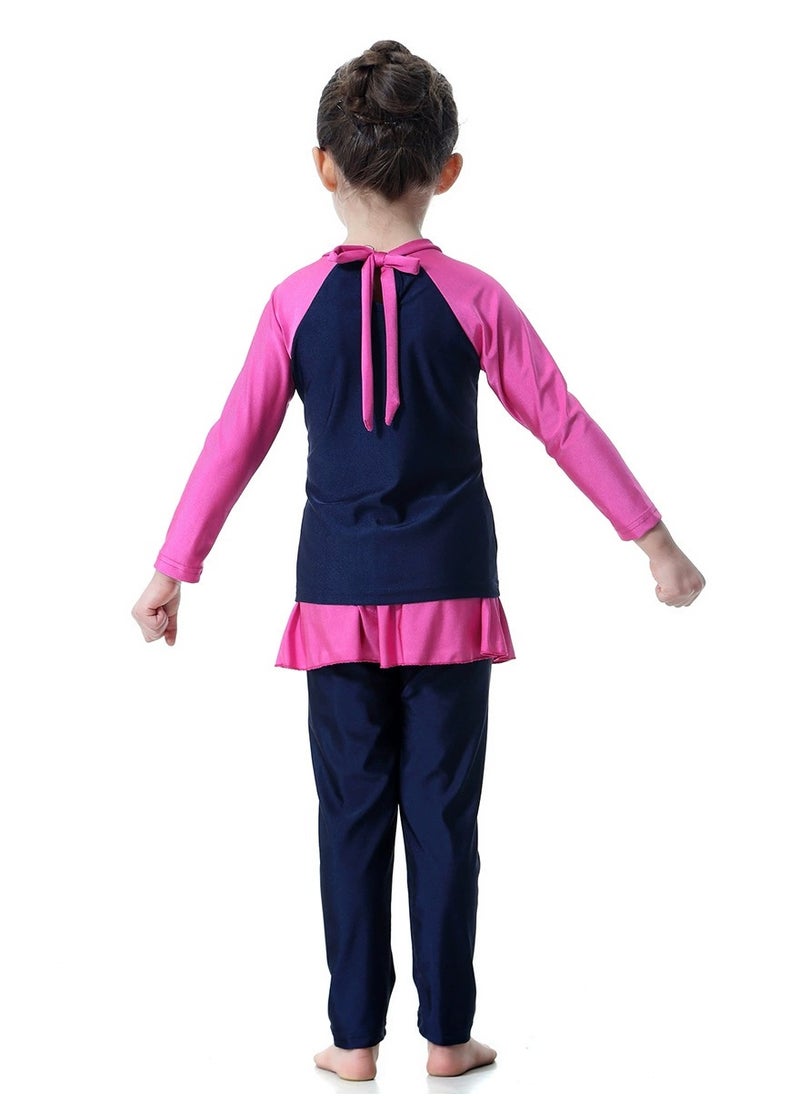 Loquat - 3-Piece Girls Fast Dry Round Neck Split Muslim Conservative Islamic Swimsuit Swimwear With Cap Swimwear Set Blue/Pink - Image 1