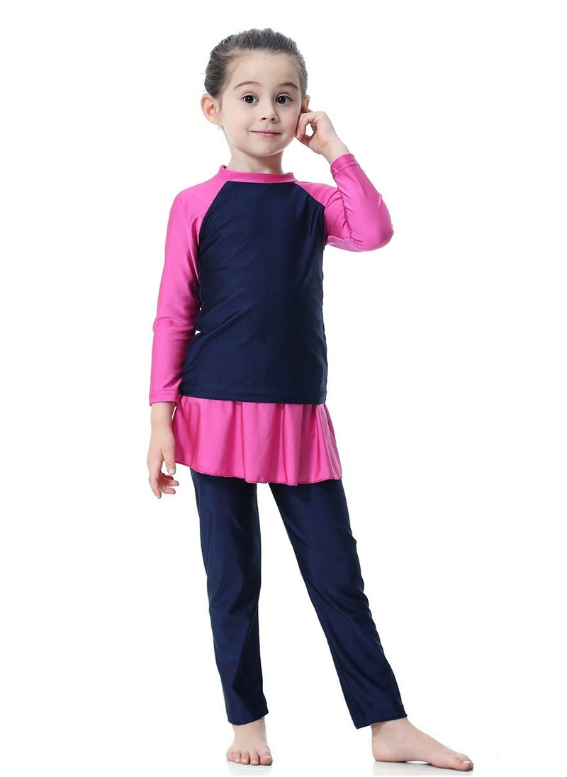 Loquat - 3-Piece Girls Fast Dry Round Neck Split Muslim Conservative Islamic Swimsuit Swimwear With Cap Swimwear Set Blue/Pink - Image 1