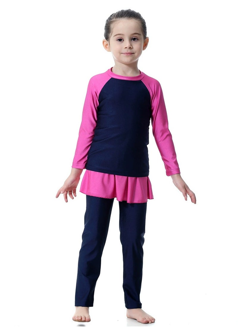 Loquat - 3-Piece Girls Fast Dry Round Neck Split Muslim Conservative Islamic Swimsuit Swimwear With Cap Swimwear Set Blue/Pink - Image 1