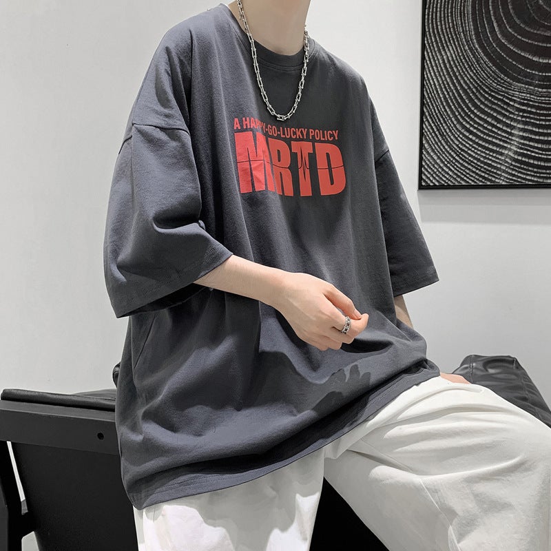 Summer Short-sleeved T-shirt Men's Trendy Brand Half-sleeved Loose All-match bf Harajuku Style Five-point Top Clothes Men's ins Hong Kong Style T-shirt - Image 1