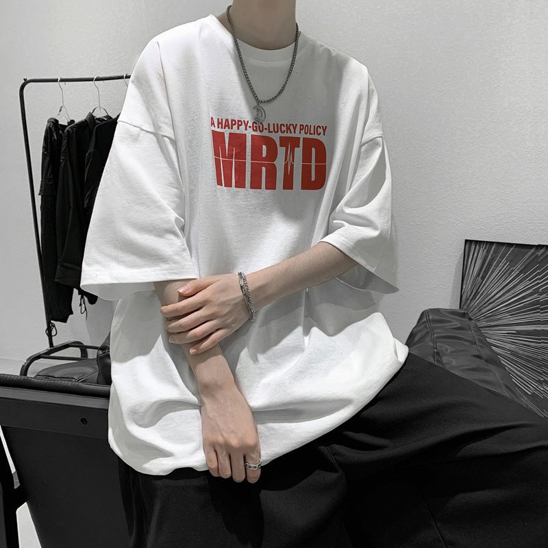 Summer Short-sleeved T-shirt Men's Trendy Brand Half-sleeved Loose All-match bf Harajuku Style Five-point Top Clothes Men's ins Hong Kong Style T-shirt - Image 5