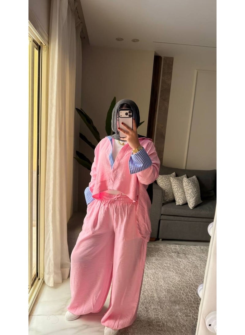 Women's Two-Piece Striped Casual Set: Layered Shirt with a Modern Design, Imported Treated Linen Fabric, Comfortable for Outings, University, and Travel, One Size Fits Up to 85 kg, Code 4078 - Image 4